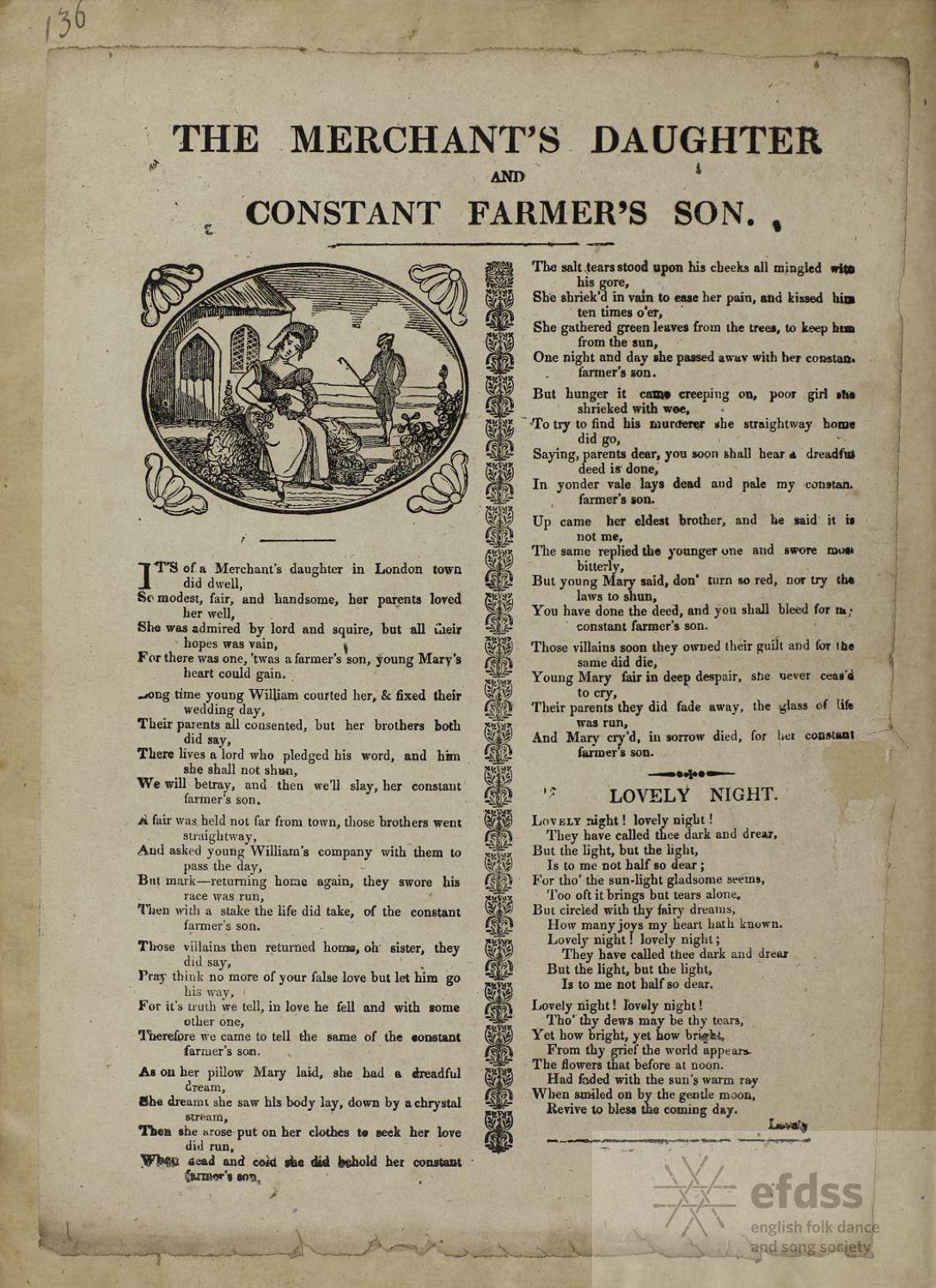 The Merchant's Daughter And Constant Farmer's Son - ballad sheet from the Frank Kidson Manuscript Collection, via the Full English archive.