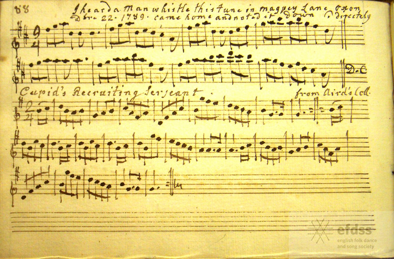 Facsimile of a page from John Baptist Malchair's Third Collection of Tunes, showing the tune we know as 'Magpie Lane', and 'Cupid's Recruiting Sergeant'. From the Vaughan Williams Memorial Library.